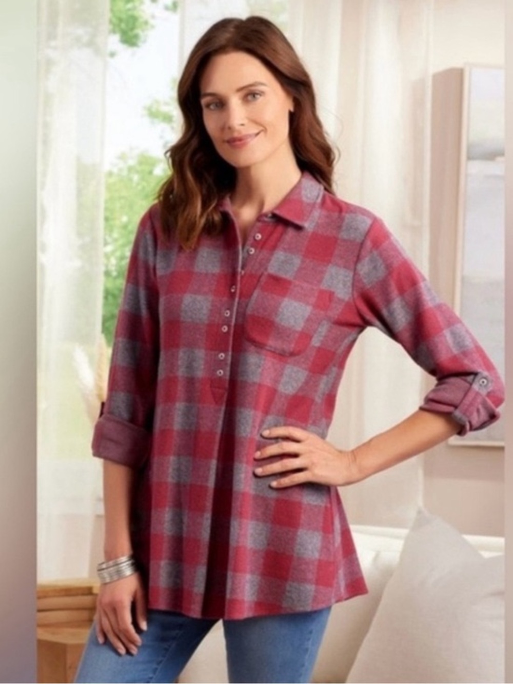 Soft Surroundings | Red and Gray Cozy Soft Plaid Button-Front Tunic